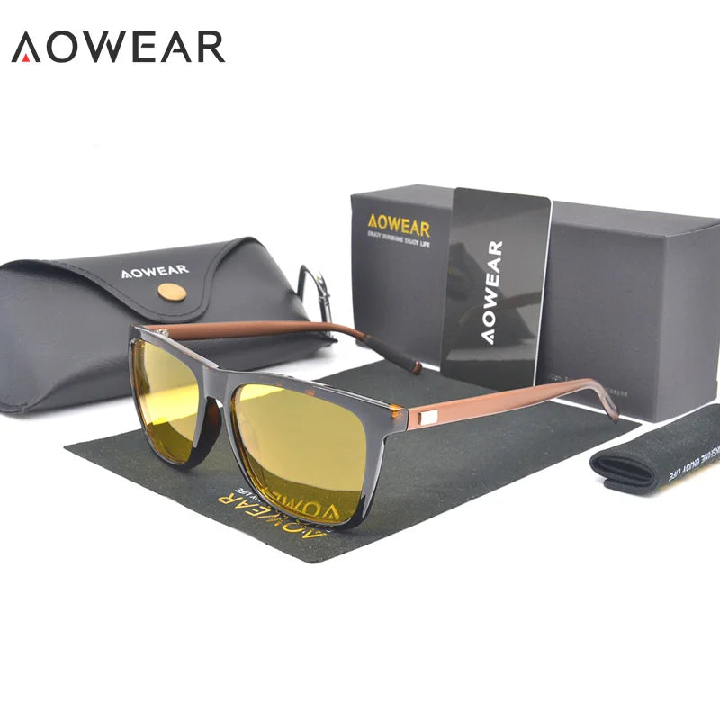 AOWEAR HD Night Vision Glasses Men Aluminium Yellow Lens Sunglasses Men Polarized Night Safe Driving Goggles Oculos Gafas De Sol