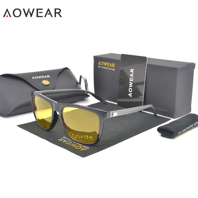 AOWEAR HD Night Vision Glasses Men Aluminium Yellow Lens Sunglasses Men Polarized Night Safe Driving Goggles Oculos Gafas De Sol