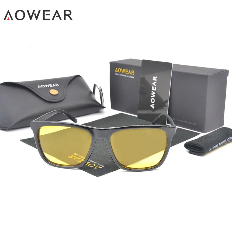 AOWEAR HD Night Vision Glasses Men Aluminium Yellow Lens Sunglasses Men Polarized Night Safe Driving Goggles Oculos Gafas De Sol