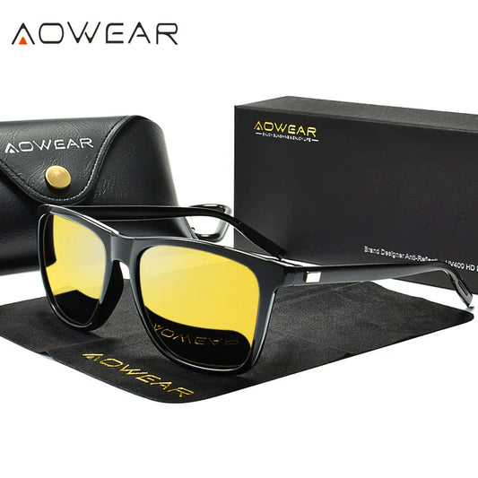 AOWEAR HD Night Vision Glasses Men Aluminium Yellow Lens Sunglasses Men Polarized Night Safe Driving Goggles Oculos Gafas De Sol