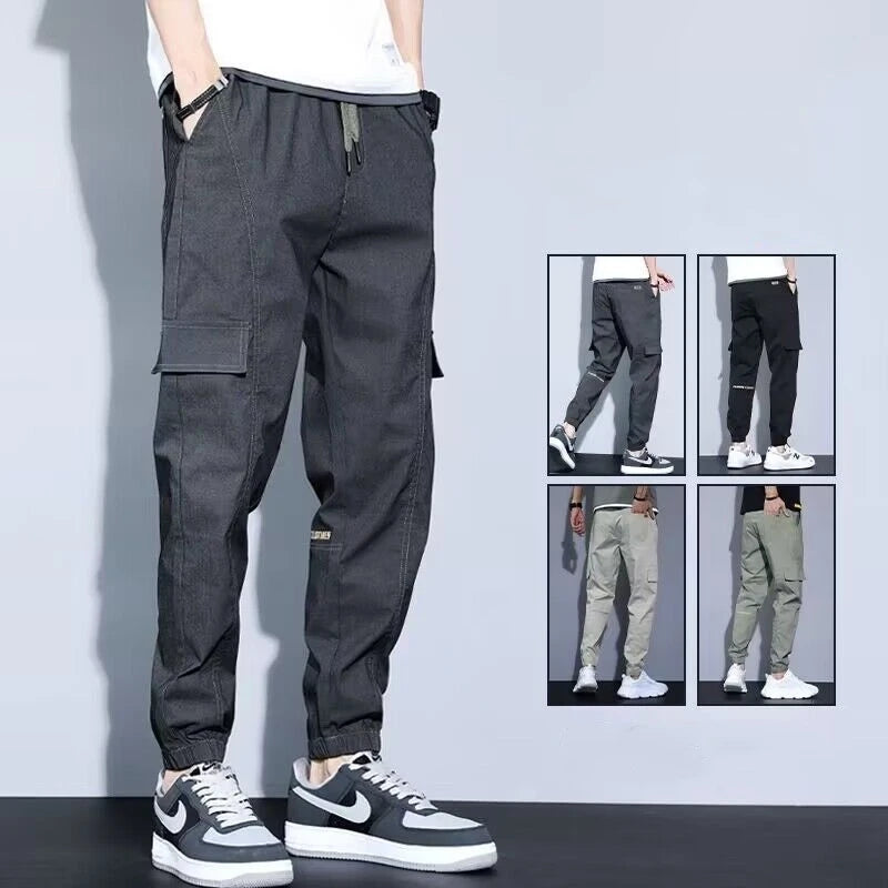 Spring Summer Trendy Men Pants Cargo Pants Soft Fabric Multi Pockets Elastic Waist Wear-resistant Jogger Trousers Simple Clothes